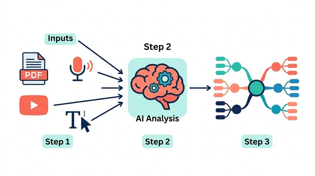How AI mind map generators work: input sources like text, PDF, and audio are processed through AI to produce a visual concept map with connected nodes