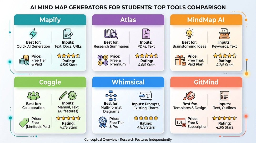 Visual comparison grid of 6 AI mind map generators showing input types, pricing, collaboration features, and best use cases for each tool