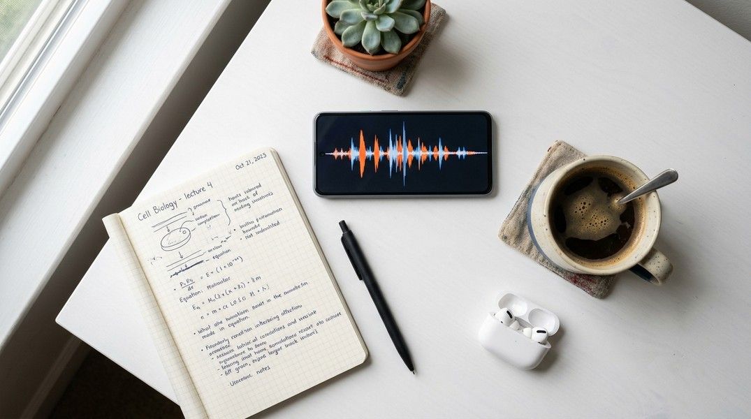 Student recording a lecture on their phone with an AI transcription app open
