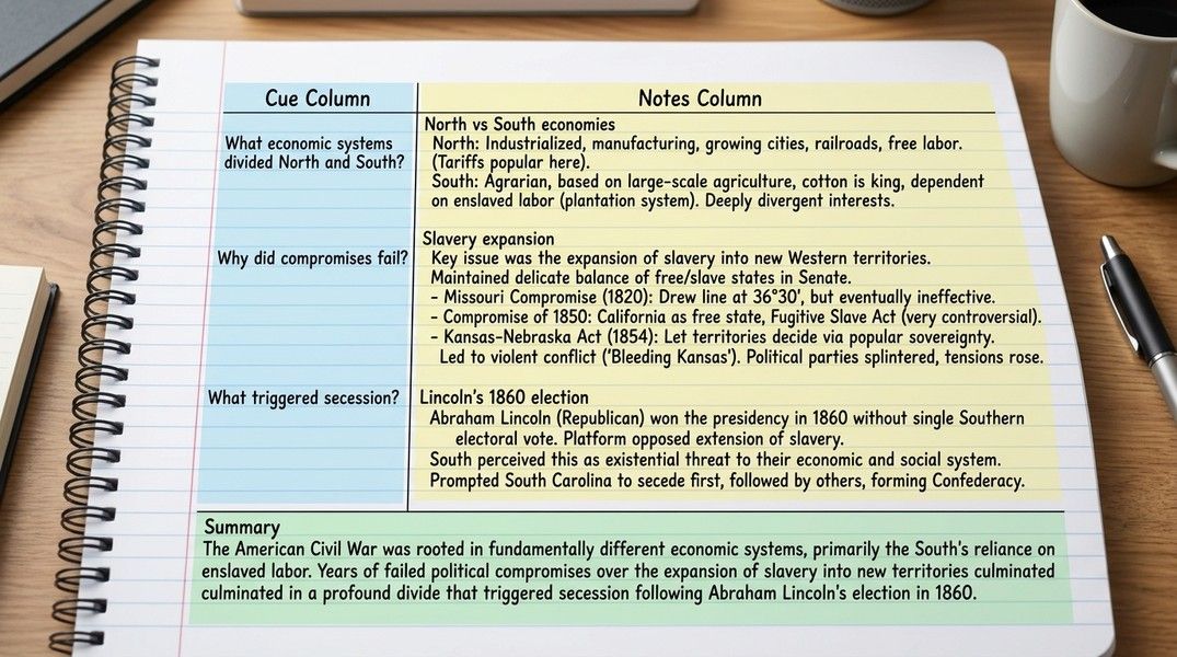 Filled Cornell notes example for an American Civil War lecture showing notes column with key points, cue column with review questions, and summary at the bottom