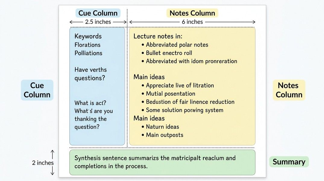 Cornell notes page layout diagram showing three sections: narrow cue column on the left, wide notes column on the right, and summary box at the bottom