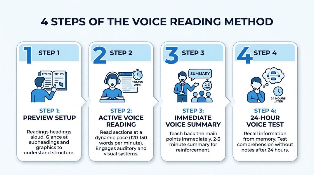 4-Step Voice Reading Method: Preview, Active Reading, Immediate Summary, 24-Hour Test