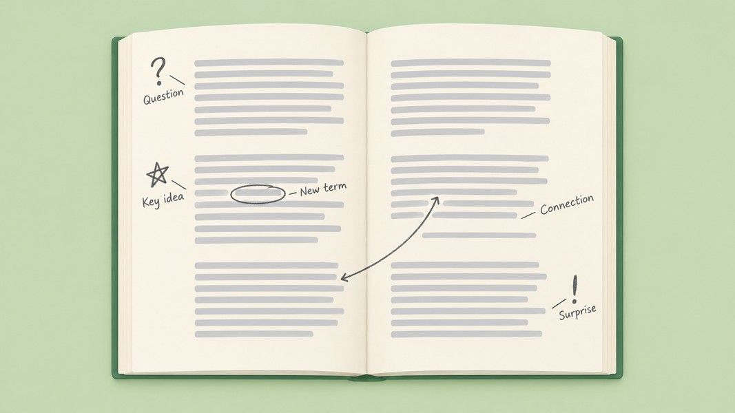 An open book with grey text lines and pencil marks in the margins: a question mark, a star, a circled word, an arrow linking two paragraphs and an exclamation mark, each labelled.