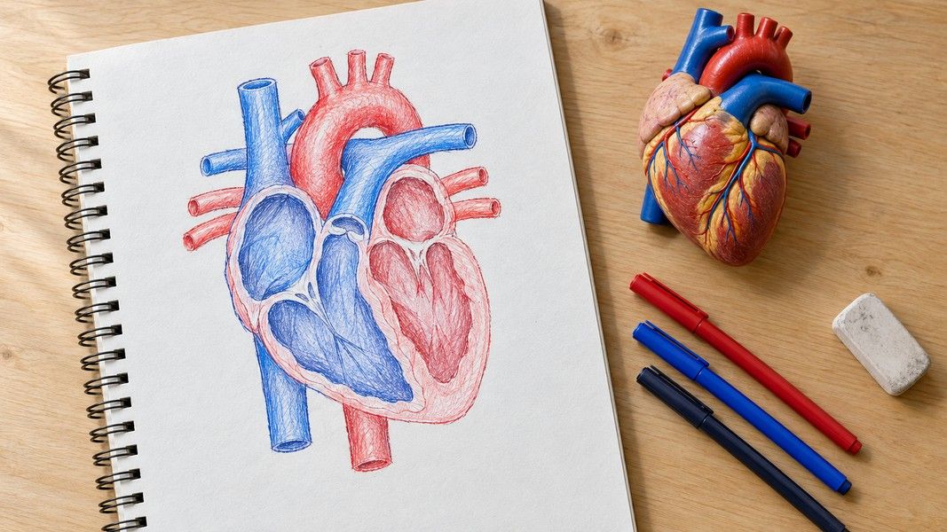 An open notebook with a hand-drawn heart sketch beside coloured pens and a small anatomical heart model.