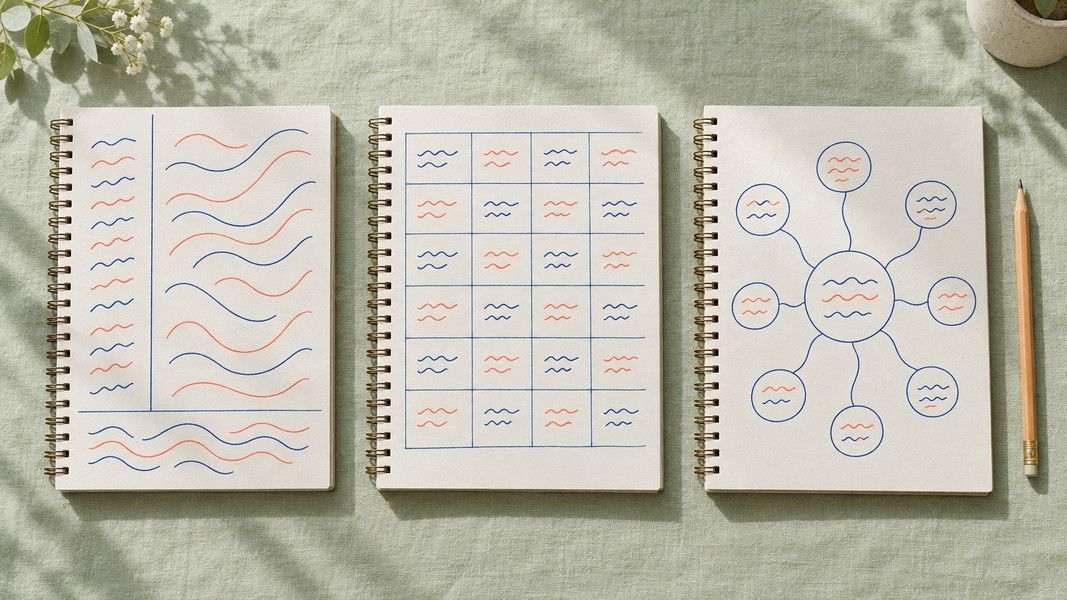 Three open spiral notebooks on a pale green linen cloth, one divided into Cornell columns, one ruled into a chart grid and one drawn as a branching map.