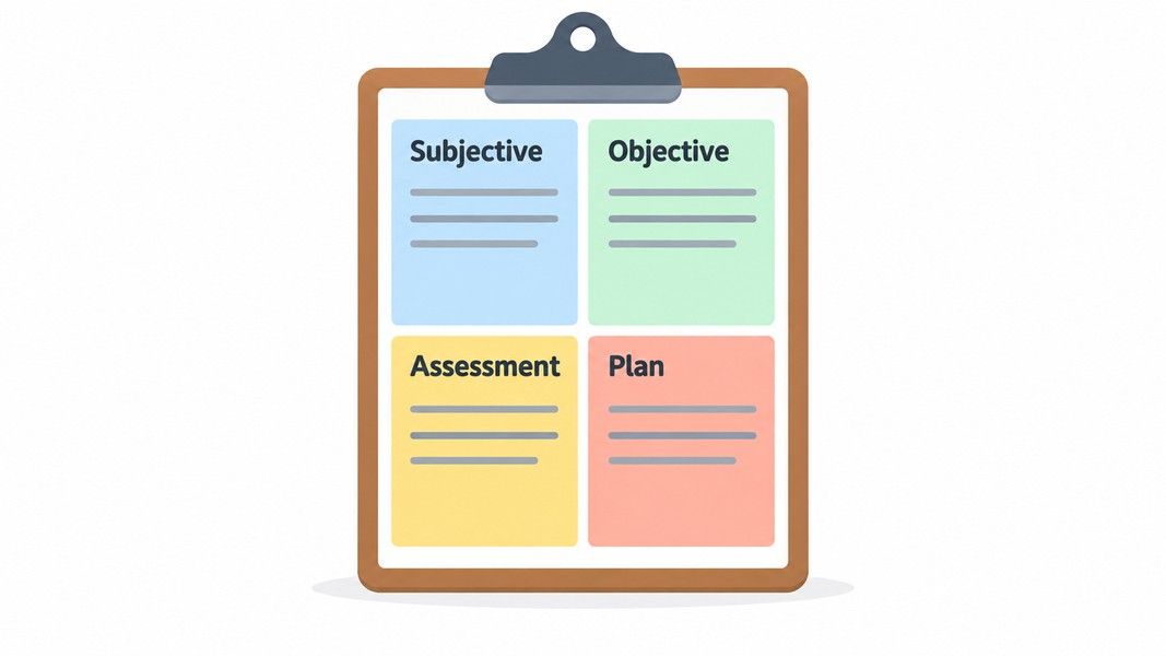 A clipboard page divided into four labelled blocks: Subjective, Objective, Assessment and Plan.