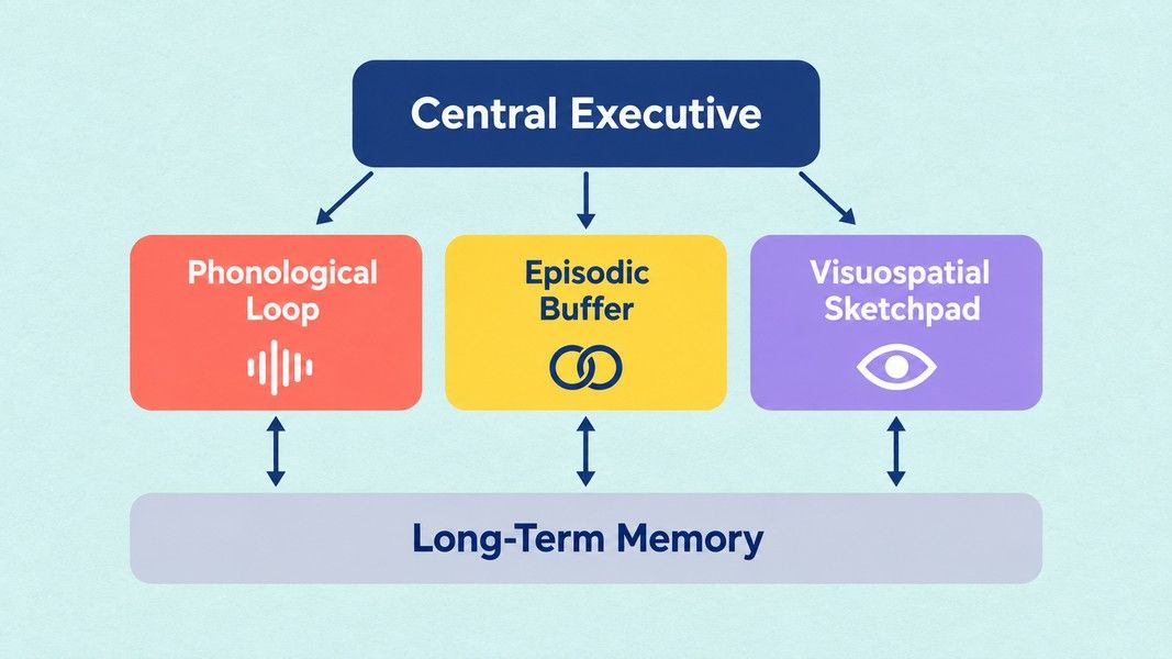 Diagram of the Baddeley working memory model with the central executive above the phonological loop, episodic buffer and visuospatial sketchpad, all linked to long-term memory below