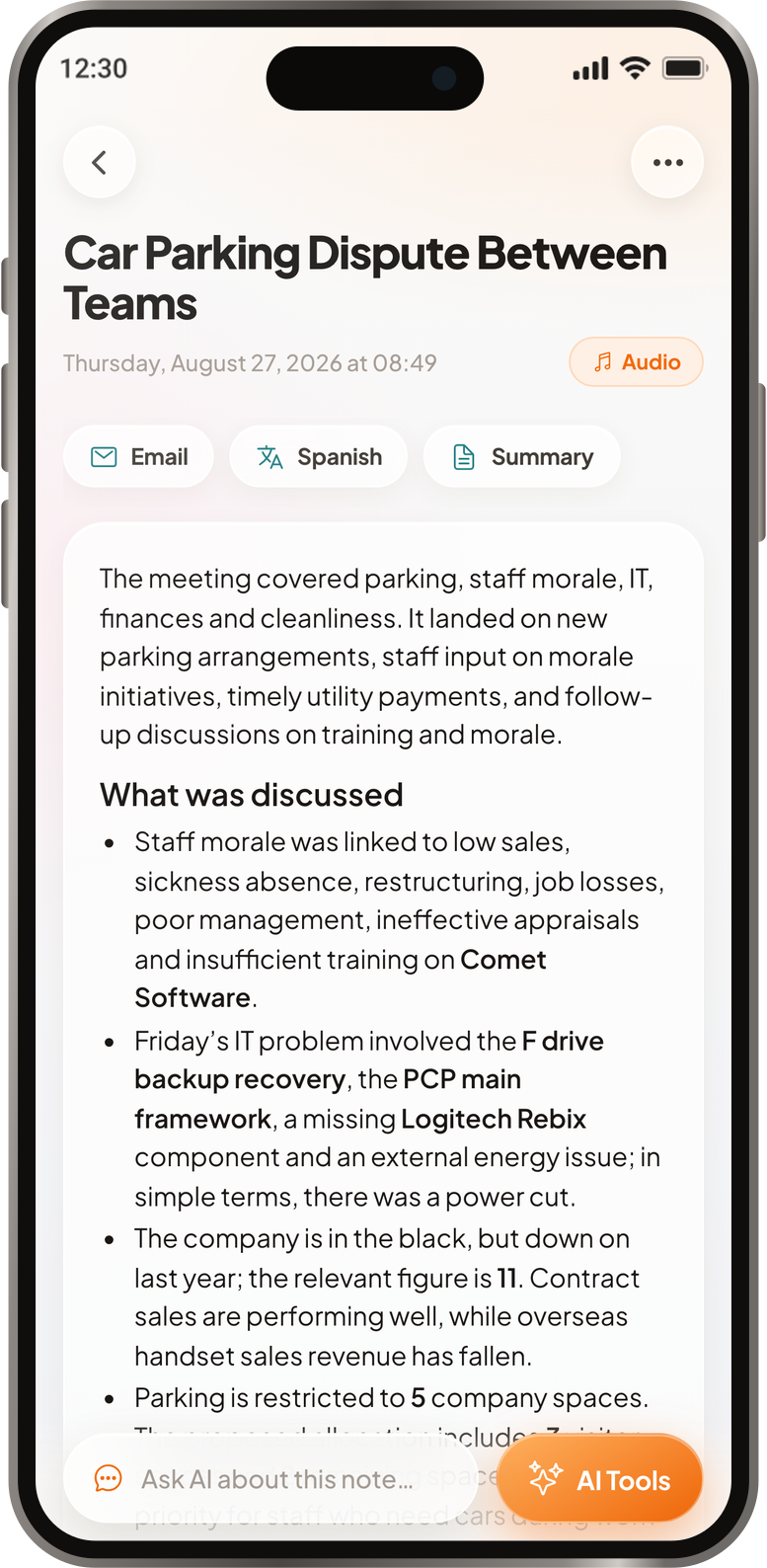 A Primo Notes note on iPhone: the meeting title, then the AI summary with key points